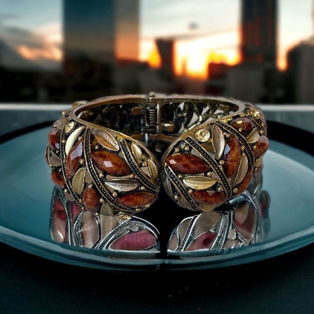 Bronze Color Citrine Rhinestone Clamper Style Statement Bracelet Unique Design 25$